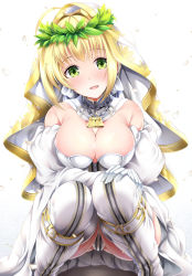 Rule 34 | 10s, 1girl, :d, ahoge, bad id, bad pixiv id, bare shoulders, blonde hair, blush, bow, breasts, bridal veil, buckle, chain, chain necklace, cleavage, commentary request, detached collar, detached sleeves, fate/extra, fate/extra ccc, fate (series), full-length zipper, full body, garana, gloves, gluteal fold, green eyes, hair bow, hair intakes, hand on own knee, happy, head tilt, head wreath, heart, heart print, highres, jewelry, knees together feet apart, large breasts, leotard, lock, looking at viewer, necklace, nero claudius (bride) (fate), nero claudius (bride) (third ascension) (fate), nero claudius (fate), nero claudius (fate) (all), open mouth, own hands together, partially visible vulva, petals, puffy detached sleeves, puffy sleeves, ribbon trim, shadow, short hair with long locks, showgirl skirt, sidelocks, simple background, skirt, smile, solo, squatting, strapless, strapless leotard, thigh strap, thighhighs, turtleneck, veil, white background, white bow, white gloves, white leotard, white skirt, white thighhighs, wide sleeves, zipper, zipper pull tab