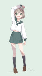 Rule 34 | 1girl, :d, arm up, black socks, blush, bow, brown footwear, brown hair, full body, green background, green bow, green eyes, green sailor collar, green skirt, hair between eyes, jigatei (omijin), loafers, long sleeves, looking at viewer, open mouth, pleated skirt, sailor collar, school uniform, serafuku, shirt, shoes, simple background, skirt, smile, socks, solo, standing, sweat, white shirt, yama no susume, yukimura aoi