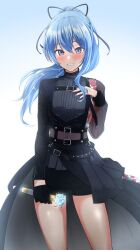 Rule 34 | 1girl, black gloves, black nails, black ribbon, black shirt, black shorts, black showgirl skirt, blue eyes, blue hair, blush, chest belt, clothing request, gloves, gradient background, grin, hair between eyes, hair ribbon, hololive, hoshimachi suisei, hoshimachi suisei (shout in crisis), long hair, looking at viewer, mp150 plus, official alternate costume, ponytail, ribbon, shirt, short shorts, shorts, showgirl skirt, smile, solo, star (symbol), star in eye, symbol in eye, virtual youtuber