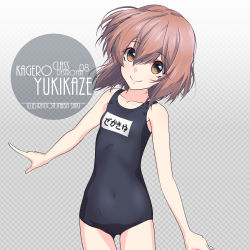 Rule 34 | 1girl, artist name, bare shoulders, black one-piece swimsuit, blush, brown eyes, brown hair, character name, checkered background, collarbone, commentary request, cowboy shot, dress, eyes visible through hair, flat chest, gradient background, grey background, hair between eyes, inaba shiki, kantai collection, looking at viewer, name tag, one-hour drawing challenge, one-piece swimsuit, school swimsuit, short hair, simple background, smile, solo, standing, swimsuit, yukikaze (kancolle)