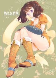 Rule 34 | 10s, 1girl, :o, ass, blush, bodysuit, boots, breasts, brown hair, character name, cleavage, collarbone, cross-laced footwear, diane (nanatsu no taizai), elbow gloves, emblem, fingerless gloves, floral background, flower, from side, full body, gloves, hands on own knees, head tilt, high heel boots, high heels, knee boots, knees up, legs together, leotard, long hair, looking at viewer, nanatsu no taizai, parted lips, puffy short sleeves, puffy sleeves, purple eyes, ribbon, shitora (citora), short hair, short sleeves, short twintails, sitting, solo, tattoo, twintails