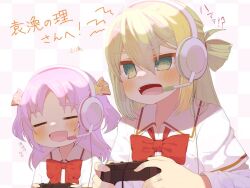 Rule 34 | 2girls, alina gray, amane hikari, blonde hair, blush, bow, bowtie, closed eyes, commission, controller, game controller, green eyes, green hair, hair between eyes, hair ornament, headphones, holding, holding controller, holding game controller, jewelry, layered sleeves, long hair, long sleeves, looking ahead, loose bowtie, magia record: mahou shoujo madoka magica gaiden, mahou shoujo madoka magica, misono karin, multicolored hair, multiple girls, open mouth, parted bangs, pink hair, purple hair, red bow, red bowtie, ring, sakae general school uniform, school uniform, shirt, short over long sleeves, short sleeves, sidelocks, skeb commission, smile, streaked hair, two side up, white shirt