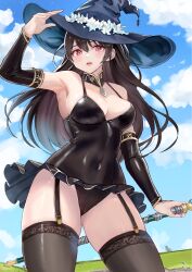 Rule 34 | 1girl, adjusting clothes, adjusting headwear, arm up, armpits, bare shoulders, black leotard, black skirt, black sleeves, black thighhighs, blue hat, blush, breasts, brown hair, cameltoe, cleavage, collared leotard, commentary request, contrapposto, covered navel, cowboy shot, day, detached sleeves, double-parted bangs, elbow sleeve, flower, garter straps, gluteal fold, groin, hair between eyes, hand on headwear, hat, hat flower, highres, holding, holding wand, lace, lace-trimmed thighhighs, leotard, lips, long hair, looking at viewer, medium breasts, microskirt, nobita (nbnobita), original, outdoors, parted lips, pleated skirt, red eyes, shiny clothes, shiny skin, sideboob, skirt, solo, standing, thighhighs, wand, witch hat