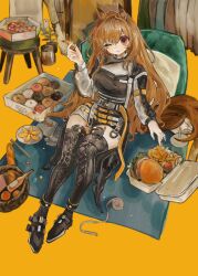 Rule 34 | 1girl, animal ears, arknights, baguette, belt, black footwear, black jacket, blanket, boots, bread, breasts, brown hair, burger, ceobe (arknights), commentary request, curtains, dog ears, dog girl, dog tail, doughnut, drink, food, french fries, frown, highres, holding, holding food, infection monitor (arknights), jacket, long hair, medium breasts, multicolored clothes, multicolored jacket, multiple belts, one eye closed, orange background, pastry box, picnic basket, pillow, pizza, pizza box, pomopomoinu, red eyes, simple background, solo, styrofoam, tail, thigh boots, two-tone jacket, white jacket