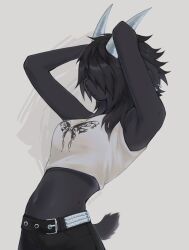 Rule 34 | 1girl, arms up, belt, black hair, black pants, crop top, female focus, furry, furry female, goat girl, goat horns, goat tail, grey background, hair over eyes, highres, horns, leaning back, midriff, navel, oftenghosts, original, pants, print shirt, shirt, signature, simple background, solo, white shirt