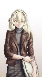 Rule 34 | 1girl, bag, blonde hair, blue nails, blush, brown jacket, casual, flower, girls&#039; frontline, grey sweater, hair flower, hair ornament, hairband, haonfest, highres, holding, holding bag, jacket, long hair, looking at viewer, nail polish, open clothes, open jacket, skirt, smile, solo, standing, sweater, watch, white background, x95 (girls&#039; frontline), yellow eyes