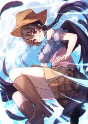 Rule 34 | 1girl, absurdres, bare arms, bare shoulders, black hair, blurry, blush, boots, chiroru (cheese-roll), chromatic aberration, cloud, cowboy hat, day, depth of field, feathers, foot out of frame, frills, grin, hat, highres, kurokoma saki, long hair, looking at viewer, midair, outdoors, pegasus wings, red eyes, smile, solo, sun, touhou, very long hair