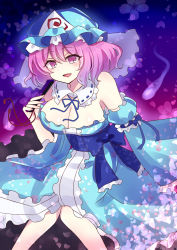 Rule 34 | 1girl, absurdres, arm garter, blue hat, blue kimono, blue ribbon, blue sash, blush, breasts, center frills, cherry blossoms, cleavage, detached collar, detached sleeves, dress, floral background, folding fan, frilled dress, frills, hair between eyes, hand fan, hat, highres, hitodama, japanese clothes, kimono, large breasts, long sleeves, mob cap, one-hour drawing challenge, pink eyes, pink hair, ribbon, saigyouji yuyuko, sash, short hair, smile, solo, subaru (subachoco), touhou, wide sleeves