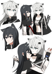 Rule 34 | 2girls, absurdres, animal ear fluff, animal ears, arknights, black gloves, black hair, black jacket, breasts, character name, chihuri, closed mouth, cropped torso, ear piercing, fingerless gloves, gloves, green eyes, grey hair, hair between eyes, highres, jacket, lappland (arknights), long hair, multiple girls, navel, open clothes, open jacket, parted lips, piercing, red eyes, scar, scar across eye, scar on face, simple background, small breasts, smile, sword, texas (arknights), upper body, very long hair, weapon, white background, white jacket, yuri