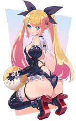 Rule 34 | 1girl, absurdres, artist request, ass, ball, beachball, blonde hair, breasts, dead or alive, hair ribbon, highres, huge ass, kunimaki, legs, long hair, looking at viewer, marie rose, ribbon, sideboob, small breasts, smile, solo, squatting, thick thighs, thighs, twintails