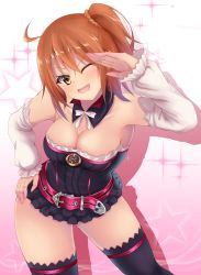 Rule 34 | &gt;;d, 1girl, ;d, ahoge, armpit peek, bare shoulders, belt, belt buckle, black dress, black thighhighs, breasts, buckle, cleavage, collarbone, commentary request, contrapposto, cosplay, denpa (denpae29), detached collar, detached sleeves, dress, fate/grand order, fate (series), fujimaru ritsuka (female), gradient background, hair between eyes, hair ornament, hair scrunchie, hand on own hip, hand up, helena blavatsky (fate), helena blavatsky (fate) (cosplay), highres, leaning forward, long sleeves, looking at viewer, medium breasts, microdress, neck ribbon, one eye closed, open mouth, orange hair, orange scrunchie, pink background, pink belt, ribbon, salute, scrunchie, shadow, side ponytail, smile, solo, sparkle, standing, star (symbol), strapless, strapless dress, thighhighs, v-shaped eyebrows, white ribbon, yellow eyes