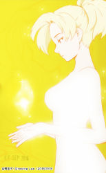 Rule 34 | 10s, 1girl, 2016, artist name, blonde hair, blue eyes, breasts, collarbone, completely nude, cowboy shot, dated, drawinglee, female focus, from side, gradient background, medium breasts, mercy (overwatch), monochrome, nude, overwatch, overwatch 1, pale color, parted lips, ponytail, profile, solo