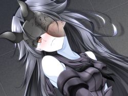 Rule 34 | 10s, 1girl, abyssal ship, bare shoulders, black dress, blush, breasts, brown eyes, detached sleeves, disembodied penis, dress, covered erect nipples, grey hair, hachi (chihagura), horns, kantai collection, large breasts, light cruiser princess, long hair, looking at viewer, mask, mouth mask, neckerchief, pale skin, penis, penis on face, penis over one eye, school uniform, serafuku, solo focus, tears, very long hair