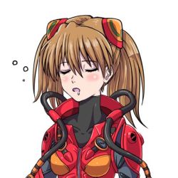 Rule 34 | 1girl, alternate hairstyle, angry, artist request, blush, bodysuit, breasts, brown hair, evangelion: 3.0+1.0 thrice upon a time, hair between eyes, hair ornament, interface headset, lowres, medium breasts, neon genesis evangelion, official alternate costume, plugsuit, rebuild of evangelion, saliva, saliva trail, serious, shiny clothes, skin tight, sleeping, solo, souryuu asuka langley, twintails, upper body