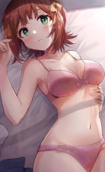 Rule 34 | 1girl, absurdres, amami haruka, blush, bow, bra, breasts, brown hair, commission, cowboy shot, green eyes, hair bow, highres, idolmaster, idolmaster (classic), looking at viewer, lying, medium breasts, navel, on back, on bed, panties, pink bra, pink panties, pixiv commission, short hair, shuucream (syuichi), solo, underwear, underwear only
