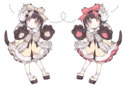 Rule 34 | :o, animal ears, animal hands, ankle lace-up, bad id, bad pixiv id, beige coat, blush, bow, brown hair, cat hair ornament, chibi, coat, commentary request, cross-laced footwear, dog ears, dog girl, dog tail, dual persona, fur-trimmed coat, fur trim, girls&#039; frontline, gloves, grey bow, grey skirt, hair bow, hair ornament, head tilt, looking at viewer, m99 (cyclamen) (girls&#039; frontline), m99 (girls&#039; frontline), official alternate costume, parted lips, paw gloves, paw hair ornament, platform footwear, pleated skirt, purple eyes, red bow, red skirt, short hair, simple background, skirt, striped, striped bow, symmetry, tail, tsuka, white background, white footwear