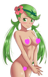 Rule 34 | 1girl, absurdres, blush, breasts, censored, closed mouth, collarbone, commentary request, completely nude, cowboy shot, creatures (company), eyelashes, flower, game freak, green eyes, green hair, hair flower, hair ornament, headband, heart, heart censor, highres, long hair, looking at viewer, maho (corotonton5150), mallow (pokemon), medium breasts, nintendo, nude, own hands together, pink flower, pokemon, pokemon sm, raised eyebrows, simple background, smile, solo, steepled fingers, swept bangs, twintails, white background