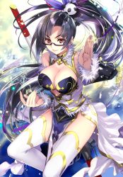 Rule 34 | 1girl, black hair, blazblue, blazblue alternative: dark war, breasts, cleavage, detached sleeves, glasses, highres, large breasts, litchi faye ling, long hair, looking at viewer, official art, pole, ponytail, red eyes, thighhighs