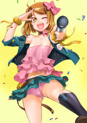 Rule 34 | 1girl, ;d, ahoge, belt, black socks, blush, bow, breasts, brown hair, buttons, choker, cleavage, confetti, cowboy shot, fingernails, foreshortening, gradient background, hair between eyes, hair bow, heart, heart in mouth, holding, idol, jacket, kneehighs, kominato hinako, long fingernails, looking at viewer, microphone, midriff, miniskirt, navel, off shoulder, one eye closed, open clothes, open jacket, open mouth, orange eyes, original, outstretched arm, ribbon, salute, satou shouji, scrunchie, shoes, short hair, short shorts, shorts, shorts under skirt, skirt, sleeves rolled up, small breasts, smile, socks, solo, spread legs, standing, strapless, studded belt, swept bangs, triage x, tube top, upskirt, wink, wrist ribbon, yellow background