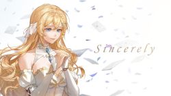 Rule 34 | 1girl, blonde hair, blue eyes, closed mouth, detached sleeves, eleanor stella, english text, hands up, highres, long hair, nkshoujo, own hands together, second-party source, solo, tears, upper body, virtual youtuber, white background, xi liu