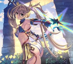 Rule 34 | 1girl, armpits, ass, back, bare shoulders, blonde hair, blue eyes, blue sky, blush, bradamante (fate), bradamante (third ascension) (fate), braid, breasts, butt crack, cloud, commentary request, day, elbow gloves, fate/grand order, fate (series), fingerless gloves, french braid, gloves, hair between eyes, hair ornament, highres, kazto furuya, leaf, leotard, long hair, looking at viewer, looking back, medium breasts, open mouth, outdoors, polearm, sky, smile, solo, spear, standing, tree, twintails, very long hair, weapon
