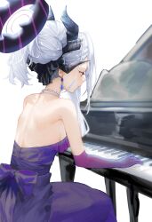 Rule 34 | 1girl, absurdres, black horns, blue archive, dangle earrings, demon horns, dress, earrings, elbow gloves, gloves, grand piano, grey hair, halo, highres, hina (blue archive), hina (dress) (blue archive), horns, instrument, jewelry, kaze 22, long hair, multiple horns, necklace, official alternate costume, official alternate hairstyle, open mouth, piano, purple dress, purple eyes, purple gloves, simple background, solo, strapless, strapless dress, white background