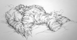 Rule 34 | 2boys, anal, animal ears, arknights, ass grab, back, bara, bed sheet, blush, breath, cross scar, disembodied hand, from side, furry, furry male, furry with furry, grabbing another&#039;s ass, greyscale, groping, highres, kangnotrier, large hands, male focus, male penetrated, monochrome, mountain (arknights), multiple boys, muscular, muscular male, naked sheet, penis, scar, scar across eye, scar on arm, scar on face, sex, short hair, thighs, tiger boy, tiger ears, veins, veiny penis, white fur, yaoi
