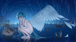 Rule 34 | 1girl, absurdres, barefoot, blue eyes, blue hair, bone, bottle, breasts, collarbone, feathered wings, full body, groin, hair between eyes, hair ornament, hand on own knee, hatsune miku, highres, long hair, message in a bottle, night, night sky, on liquid, outdoors, ribs, skeleton, skull, sky, small breasts, solo, squatting, star trail, toyan 8210, twintails, very long hair, vocaloid, wings