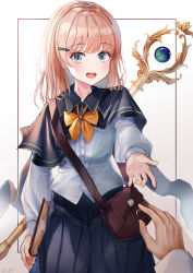 Rule 34 | 1girl, absurdres, aid!, artist name, blue eyes, blush, book, bow, breasts, brown hair, capelet, fantasy, hair ornament, hairclip, hand up, highres, holding, holding book, looking at viewer, medium hair, open mouth, orange bow, original, pov, simple background, skirt, small breasts, teeth, uniform, upper teeth only, white background