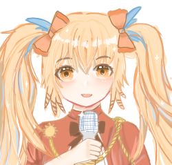 Rule 34 | 1girl, :d, arknights, blonde hair, blue hair, bow, brown eyes, commentary request, dress, hair bow, holding, holding microphone, long hair, looking at viewer, microphone, multicolored hair, open mouth, orange bow, pinecone (arknights), pinecone (sing a song) (arknights), qiumu, red dress, simple background, smile, solo, streaked hair, twintails, upper body, white background