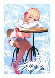 Rule 34 | 1girl, absurdres, ahoge, apron, bikini, blue eyes, blush, breasts, chair, cleavage, closed mouth, commentary, english commentary, frills, full body, head on arm, head tilt, highres, knees together feet apart, large breasts, long sleeves, looking at viewer, maid headdress, ogre (illustogre), original, palm leaf, pink bikini, pink footwear, pink thighhighs, revision, shoes, short hair, side-tie bikini bottom, sidelocks, sitting, skindentation, solo, swimsuit, table, thighhighs, waist apron