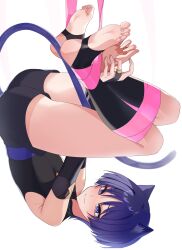 Rule 34 | 1boy, absurdres, animal ears, black shirt, black shorts, cat boy, cat ears, cat tail, chobonu, closed mouth, feet, genshin impact, hair between eyes, highres, japanese clothes, male focus, pink ribbon, purple eyes, purple hair, purple tail, ribbon, scaramouche (genshin impact), shirt, short hair, shorts, solo, tail, toes, wanderer (genshin impact), white background