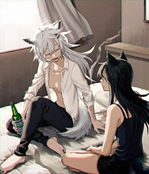 Rule 34 | 2girls, alcohol, alternate costume, animal ears, arknights, beer, black camisole, black hair, black nails, black pants, black shorts, bottle, breasts, camisole, casual, chromatic aberration, cigarette, collared shirt, commentary, curtains, day, dress shirt, english commentary, closed eyes, full body, hair between eyes, heineken, holding, holding bottle, holding cigarette, indian style, indoors, kuroda (nanchara flight), lappland (arknights), crossed legs, long hair, looking at another, medium breasts, multiple girls, nail polish, no bra, on bed, open clothes, open mouth, open shirt, pants, pillow, red eyes, shirt, short shorts, shorts, silver hair, sitting, sleeveless, sleeves rolled up, smile, smoke, spaghetti strap, sunlight, tail, texas (arknights), toenail polish, toenails, toned, unbuttoned, white shirt, wind, window, wing collar, wolf ears, wolf tail