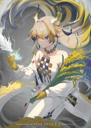 Rule 34 | 1girl, arknights, artist name, bare shoulders, beads, belt, blonde hair, brown hair, closed mouth, colored skin, dated, dragon girl, dragon horns, dragon tail, earrings, eyes visible through hair, fantasy, floating hair, green eyes, hair between eyes, hair intakes, hand up, highres, holding, holding plant, horns, jacket, jewelry, long hair, long sleeves, looking at hand, looking down, magic, multicolored hair, necklace, off shoulder, open clothes, open jacket, plant, pointy ears, purple hair, purple horns, sheaf, shu (arknights), smile, solo, strapless, streaked hair, sy509, tail, tube top, watermark, wheat, white belt, white horns, white jacket, white tail, white tube top, yellow horns, yellow tail