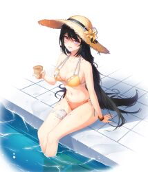 Rule 34 | 1girl, bai winchester, bare arms, bare shoulders, bikini, black hair, breasts, cleavage, closers, collarbone, cream on body, embarrassed, flower, food, halterneck, hat, hat flower, heterochromia, highres, holding, holding food, ice cream, ice cream cone, large breasts, long hair, looking at viewer, multi-strapped bikini, navel, non-web source, official art, open mouth, orange bikini, pink eyes, poolside, purple eyes, side-tie bikini bottom, sitting, soaking feet, solo, stomach, straw hat, string bikini, swimsuit, thighs, very long hair, water, wet, wristband