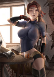 Rule 34 | 1girl, 3d, alcohol, armor, backlighting, bike shorts, breasts, brown eyes, brown hair, clothes pull, commentary, day, detached sleeves, final fantasy, final fantasy vii, final fantasy vii remake, fingerless gloves, fishnet top, fishnets, gloves, greaves, headband, highres, hot, impossible clothes, impossible shirt, indoors, jessie rasberry, lips, long hair, looking at viewer, low ponytail, medium breasts, moi&#039;dukdum, parted lips, red gloves, shirt, shorts, shorts pull, shorts under shorts, sitting, skin tight, solo, t-shirt, turtleneck, undressing, whiskey