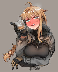 Rule 34 | 1girl, ahoge, alcohol, aqua eyes, arm under breasts, black gloves, black jacket, blonde hair, blush, braid, breasts, combat shirt, cropped torso, cup, ergot, gloves, grey background, hair between eyes, holding, ice, ice cube, indie virtual youtuber, jacket, large breasts, long hair, looking at viewer, nose blush, parted lips, simple background, sitting, solo, teeth, upper body, upper teeth only, very long hair, virtual youtuber, whiskey, whiskey project