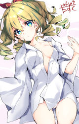 Rule 34 | 1girl, absurdres, blonde hair, blue eyes, breasts, commentary request, cowboy shot, dated, dress shirt, drill hair, hair between eyes, hair ornament, hair ribbon, hatakaze (kancolle), highres, kantai collection, long sleeves, lying, narumiya (empty cafe), no bra, one-hour drawing challenge, ponytail, pussy, pussy peek, red ribbon, ribbon, shirt, signature, simple background, small breasts, solo, white background, wide sleeves