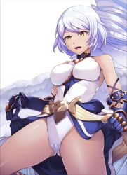Rule 34 | 1girl, arata, azrael (granblue fantasy), bare shoulders, blue skirt, breasts, cameltoe, clothes lift, feathered wings, gauntlets, gluteal fold, granblue fantasy, highres, large breasts, leotard, lifting own clothes, long hair, looking at viewer, open mouth, short hair, showgirl skirt, skirt, skirt lift, solo, spread legs, white hair, white leotard, white wings, wings, yellow eyes