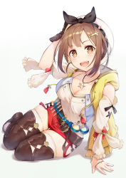 Rule 34 | 1girl, :3, arm support, arm up, atelier (series), atelier ryza, atelier ryza 1, bad id, bad pixiv id, belt, black gloves, brat (brabrabrat00), breasts, brown eyes, brown hair, cleavage, collarbone, flask, gloves, hair ornament, hairclip, hat, highres, jewelry, long hair, looking at viewer, medium breasts, necklace, red shorts, reisalin stout, round-bottom flask, short shorts, shorts, single glove, sitting, smile, solo, star (symbol), test tube, thighhighs, thighs, white hat, yokozuwari
