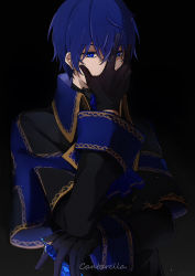 Rule 34 | 1boy, black background, black capelet, black gloves, blue capelet, blue eyes, blue hair, cantarella (vocaloid), capelet, commentary, covering own mouth, gloves, hand on own face, highres, kaito (vocaloid), looking at viewer, male focus, project diva (series), rosa blue (module), simple background, solo, song name, standing, upper body, vocaloid, yinnnn