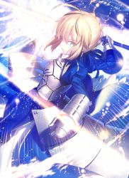 Rule 34 | &gt;:), 1girl, ahoge, armor, armored dress, artoria pendragon (fate), blonde hair, blue eyes, breasts, closed mouth, cowboy shot, excalibur (fate/stay night), fate/grand order, fate/stay night, fate (series), from side, gauntlets, glowing, glowing sword, glowing weapon, holding, holding sword, holding weapon, juliet sleeves, long sleeves, looking at viewer, looking to the side, mashima saki (mashimasa), puffy sleeves, saber (fate), short hair, solo, sword, v-shaped eyebrows, weapon