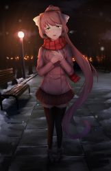 Rule 34 | 1girl, absurdly long hair, alternate costume, bench, black thighhighs, blush, boots, breath, brown hair, coat, commentary, doki doki literature club, earmuffs, english commentary, full body, fur-trimmed boots, fur trim, green eyes, hair ribbon, happy tears, head tilt, highres, jewelry, lamppost, long hair, looking at viewer, marriage proposal, monika (doki doki literature club), night, outdoors, park, parted lips, ponytail, ribbon, ring, scarf, skirt, smile, snow, snowing, solo, standing, tears, thighhighs, tsukimaru, very long hair, wedding band, white ribbon, zettai ryouiki