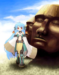 Rule 34 | 1girl, blue hair, blue sky, blush, cloud, cloudy sky, female focus, full body, long hair, long sleeves, looking at viewer, outdoors, red eyes, sky, solo, standing, statue