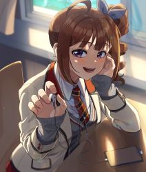 Rule 34 | 1girl, ahoge, blazer, blue ribbon, brown hair, cellphone, classroom, commentary, desk, dress shirt, drill hair, earbuds, earphones, giving, grey sweater, hair ribbon, half-closed eyes, head rest, highres, idolmaster, idolmaster million live!, idolmaster million live! theater days, indoors, jacket, kamille (vcx68), long sleeves, looking at viewer, medium hair, nail polish, open clothes, open jacket, open mouth, phone, purple eyes, ribbon, school desk, school uniform, shade, shadow, shirt, side ponytail, sidelocks, sitting, smartphone, smile, solo, sunlight, sweater, uniform series (idolmaster), v-neck, white jacket, white shirt, window, wing collar, yokoyama nao