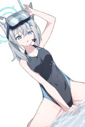 Rule 34 | 1girl, absurdres, animal ears, blue archive, blue eyes, breasts, goggles, grey hair, highres, leotard, looking at viewer, medium breasts, mmhomm, one-piece swimsuit, shiroko (blue archive), shiroko (swimsuit) (blue archive), simple background, sitting, solo, swimsuit, water, white background, wolf ears