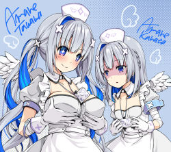 Rule 34 | + +, 2girls, amane kanata, amane kanata (nurse), angel wings, asymmetrical hair, bandages, blue eyes, blue hair, braid, breast envy, breast lift, breasts, character name, closed mouth, colored inner hair, detached collar, dress, feathered wings, french braid, frills, fusion, gloves, grabbing, grabbing another&#039;s breast, grabbing own breast, grey hair, hair ornament, hat, highres, hololive, large breasts, long hair, looking at another, looking at breasts, low twintails, medium hair, mini wings, multicolored hair, multiple girls, name tag, natsuhime yuran, nurse, nurse cap, official alternate costume, parted lips, pink hair, polka dot, polka dot background, shaded face, single hair intake, smile, streaked hair, twintails, very long hair, virtual youtuber, white dress, white gloves, white wings, wings, x hair ornament