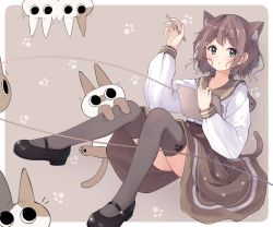 Rule 34 | 1girl, :o, animal ear fluff, animal ears, black footwear, blush, brown background, brown hair, brown sailor collar, brown skirt, cat ears, cat girl, cat tail, commentary request, drawing tablet, enuni, green eyes, hair ornament, highres, holding, holding stylus, huion, long sleeves, looking at viewer, original, parted lips, paw print, paw print background, puffy long sleeves, puffy sleeves, sailor collar, shirt, shoes, skirt, sleeves past wrists, solo, stylus, tail, thighhighs, two-tone background, white background, white shirt