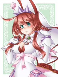 Rule 34 | 1girl, breasts, cleavage, cleavage cutout, clothing cutout, clover, elphelt valentine, flower, four-leaf clover, gloves, green eyes, guilty gear, guilty gear xrd, highres, orippa, red hair, rose, sidelocks, solo