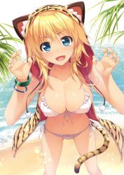 Rule 34 | 1girl, :d, absurdres, alpha (yukai na nakamatachi), animal ears, animal hood, animal print, beach, bikini, blonde hair, blue eyes, bracelet, breasts, cleavage, collarbone, cropped, fang, foreshortening, front-tie bikini top, front-tie top, gluteal fold, highres, hood, hoodie, jewelry, large breasts, looking at viewer, navel, open clothes, open hoodie, open mouth, outdoors, paw pose, scan, side-tie bikini bottom, smile, solo, string bikini, swimsuit, tail, tiger ears, tiger print, tiger tail, white bikini
